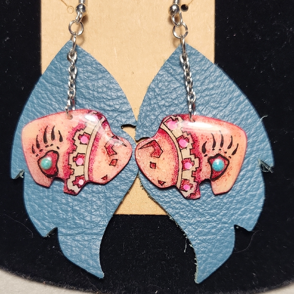Artistic Blue and Pink Buffalo Earrings